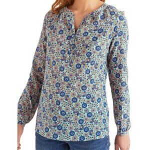 Boden Patricia Floral Print Top Size 2 Blue Long Sleeve Button V Neck Blouse S